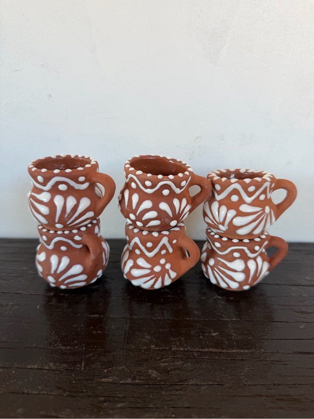 Handmade Talavera Terracotta Tequila Mini Mugs  - White Painted Pattern